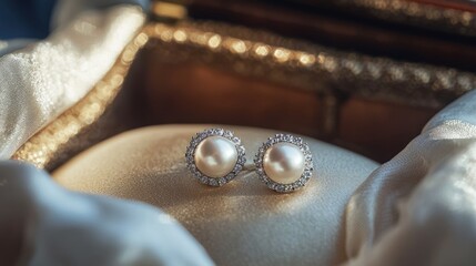 Elegant Pearl Earrings Set on Soft Silk Fabric Background
