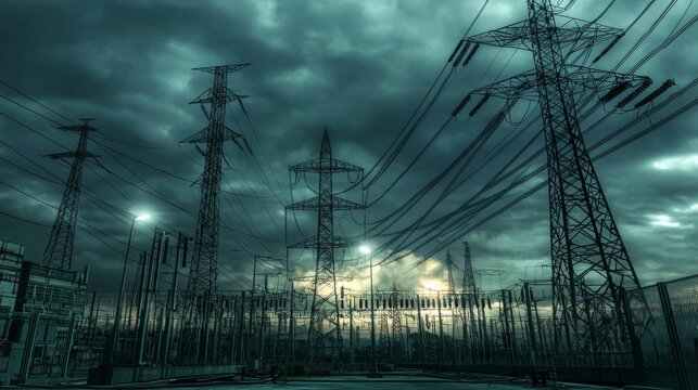 Dramatic Power Lines Against Stormy Sky with Ominous Clouds and Dim Lights at Dusk
