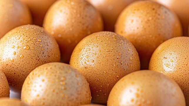 Detailed close-up of brown eggs with water droplets on shells, symbolizing hygiene, freshness, and high-quality standards in the egg collection process under soft lighting.
