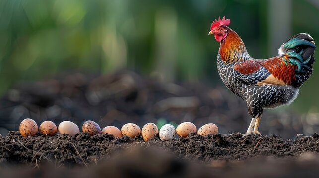 Rooster standing proudly beside aligned eggs on fertile soil in outdoor farm setting, emphasizing fertility, growth, and the life cycle of poultry under natural light.