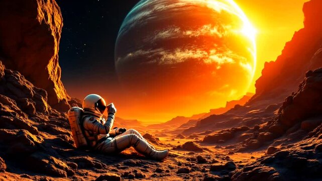 Astronaut relaxing on an alien planet while enjoying a drink at sunset. Futuristic exploration concept  
