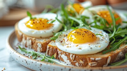 Close-up healthy breakfast featuring sunny-side-up eggs on whole wheat toast, topped with fresh arugula, sprinkle pepper. Vibrant and appetizing presentation emphasizes health-conscious eating.