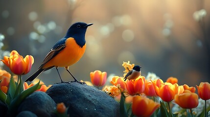 A serene nature inspired image showcasing a vibrant tulip bouquet and a bird resting peacefully in the foreground