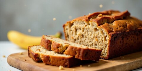 Delicious Homemade Banana Nut Bread Slices on Wooden Cutting Board with Crumbs