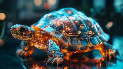 Obraz premium A robotic turtle with a transparent shell revealing glowing circuits on a bright backdrop digital