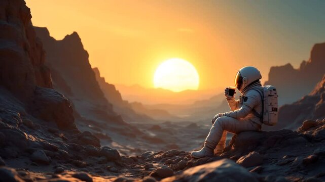 Astronaut in a spacesuit sitting on a rocky alien landscape, holding a cup and watching a stunning sunset over distant mountains  
