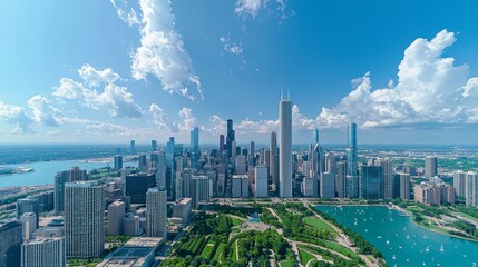 Obraz premium Aerial View of Chicago Skyline and Lake Michigan on a Bright Day