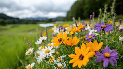 Obraz premium Vibrant and Colorful Wildflowers Framing a Solar Farm in a Serene and Picturesque Countryside Landscape Renewable Energy and Natural Beauty Coexisting in Harmony