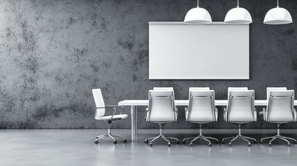 Modern conference room with sleek furniture, blank presentation screen, and minimalist decor