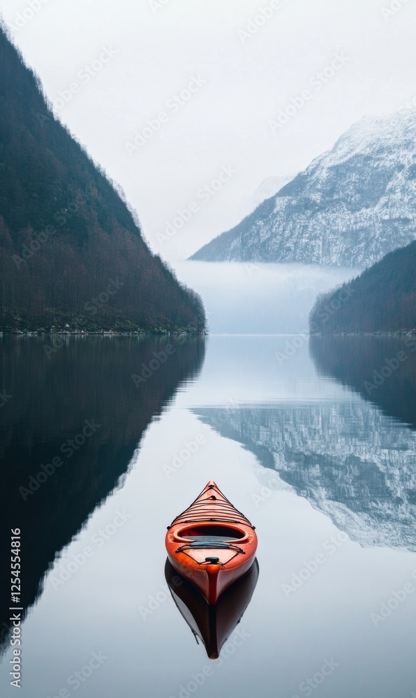 Poster relaxing kayak experience on a calm mountain lake reflecting majestic peaks and tranquil surrounding