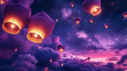 Fototapeta premium Ethereal Lanterns Illuminate Night Sky with Cosmic Galaxy Background
