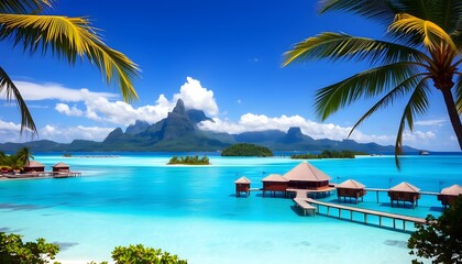 Naklejka premium Tropical Island Getaway with Overwater Bungalows and Turquoise Water