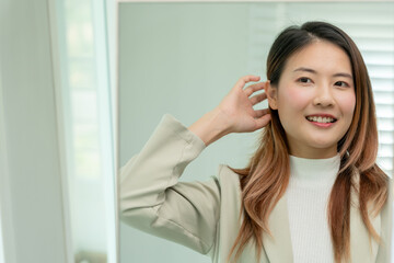 Beautiful woman preparing before job interview, building confidence, job applicants resume to position vacancies, find human. Human resource, letters, competence, new graduate, looking for work