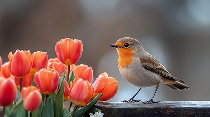 A charming close up of a tulip bouquet with a delicate bird perched gracefully on a nearby wooden ledge