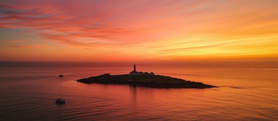 Stunning Sunset over Island Lighthouse and Calm Ocean