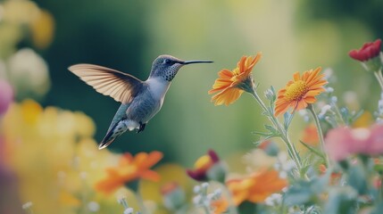 Fototapeta premium A hummingbird hovering near a vibrant flower,