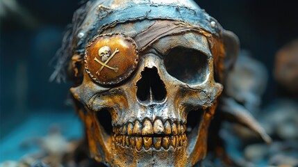 Obraz premium Detailed close-up of a pirate skull with an eye patch, set against a dark background with artifacts
