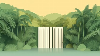 Vibrant Waterfall Surrounded by Lush Green Foliage and Tropical Plants in a Serene Digital Illustration with a Warm Yellow Background