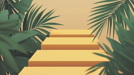 Vibrant Yellow Steps Surrounded by Lush Green Palm Leaves, Creating a Tropical Ambiance for Relaxation and Journey Exploration in Nature.