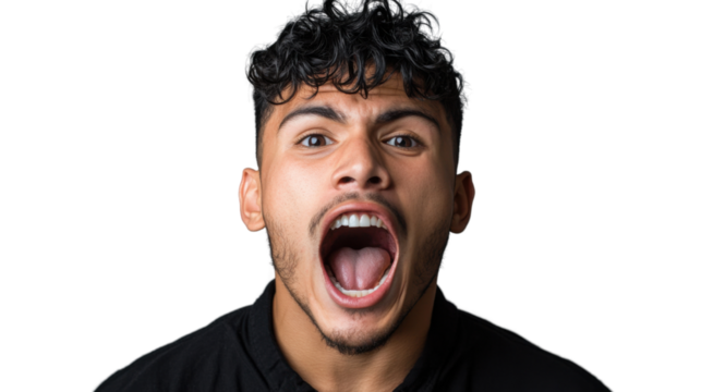 Young man shouting with transparent background, expressing fury and excitement