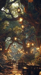 Fototapeta premium Enchanted Forest Dining Space with Lanterns and Rustic Tables
