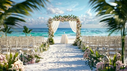 Fototapeta premium Tropical Beach Wedding Setup with Floral Arch and Ocean View