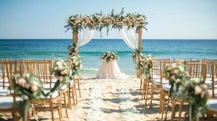 Fototapeta premium Elegant Beach Wedding Ceremony with Floral Arch and Ocean View