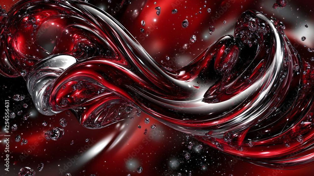 Poster red and silver abstract background with cosmic fusion of glowing elements and shapes