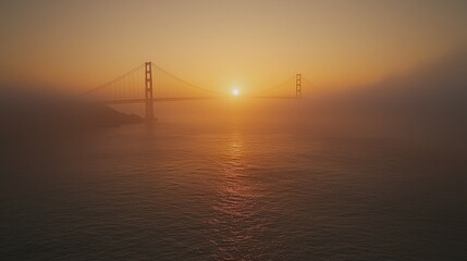 Serene Sunrise Over a Majestic Bridge Amidst Fog and Calm Waters