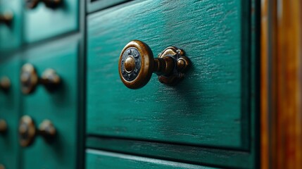 Intricate Brass Knob on Teal Wooden Drawer - Vintage Furniture Detail