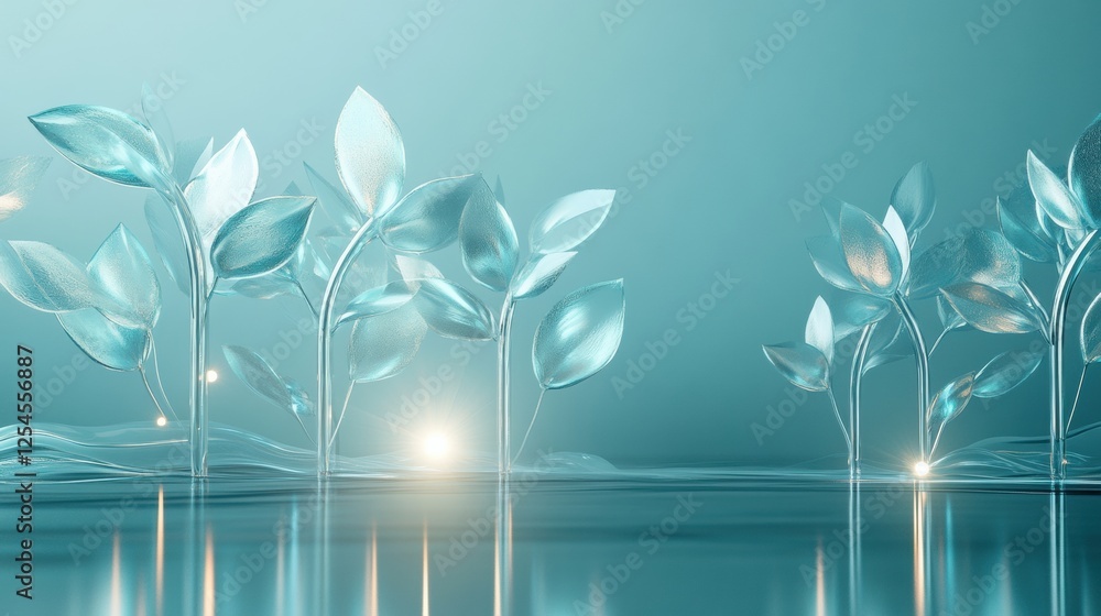 Poster Abstract glass forest featuring glowing tree shapes and shimmering reflections in a tranquil atmosphere during twilight hours. Generative AI