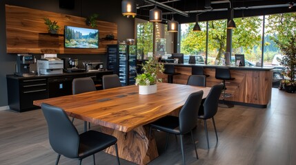 Sleek and modern high tech corporate conference room with a large rustic wooden table comfortable leather chairs and an expansive window overlooking a lush nature scene