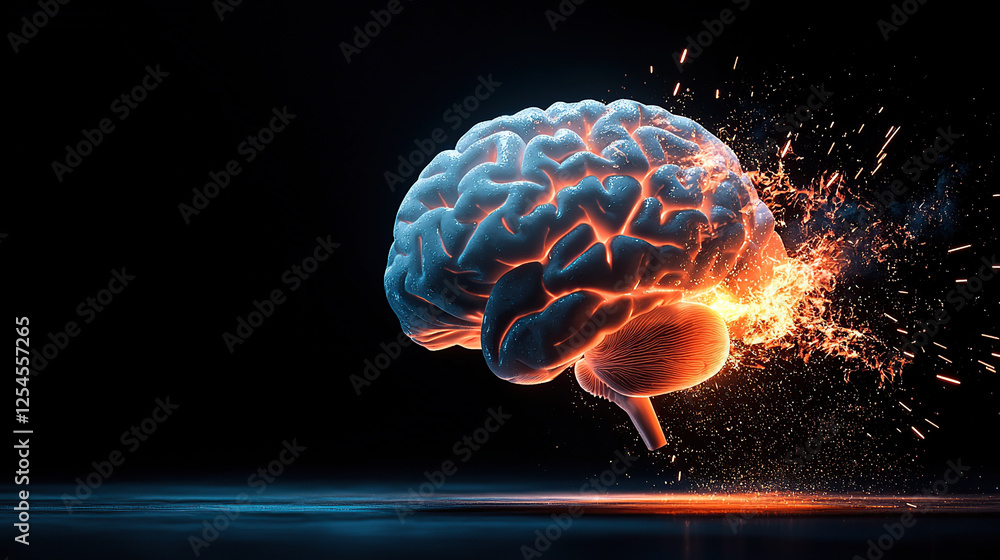 Aufkleber glowing digital brain with sparks and particles symbolizes innovation and technology. vibrant colors