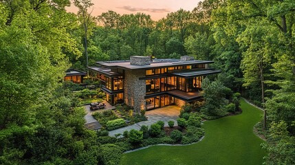 Obraz premium A panoramic drone shot of a modern home surrounded by lush greenery digital