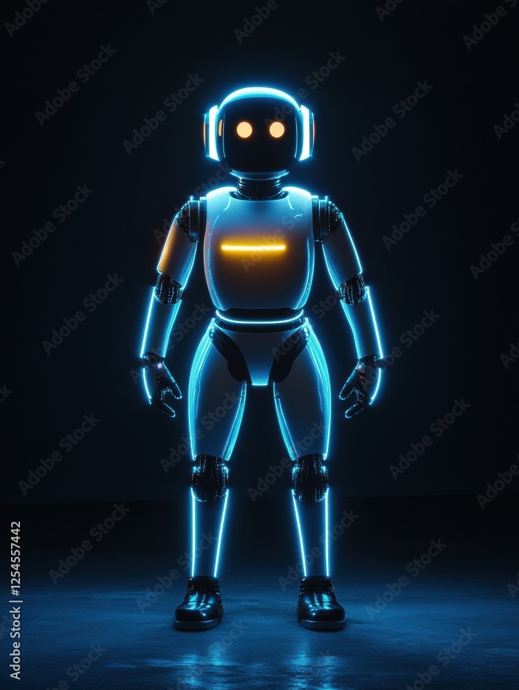 Poster Humanoid robot with glowing features stands center stage in dark environment highlighting its futuristic design. Generative AI