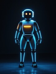 Fototapeta premium Humanoid robot with glowing features stands center stage in dark environment highlighting its futuristic design. Generative AI