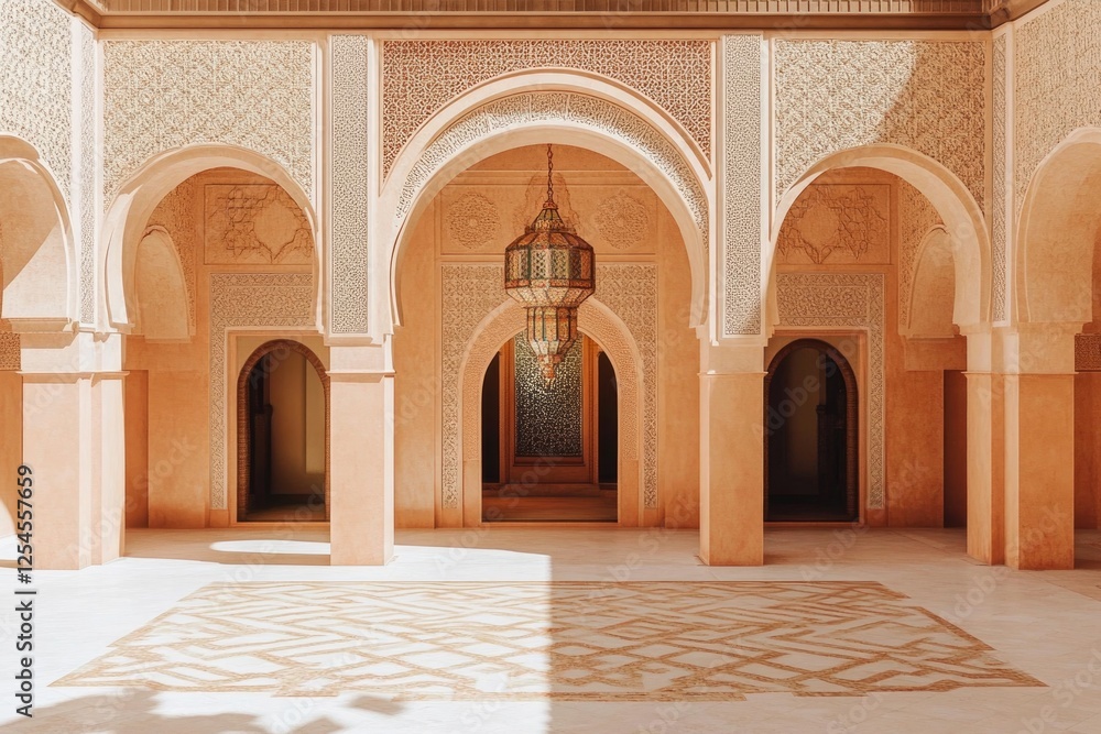 Poster elegant courtyard with intricate arches and warm colors creating