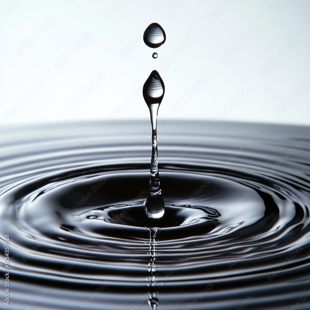 Poster water drop falling into liquid surface creating concentric ripples with light reflection
