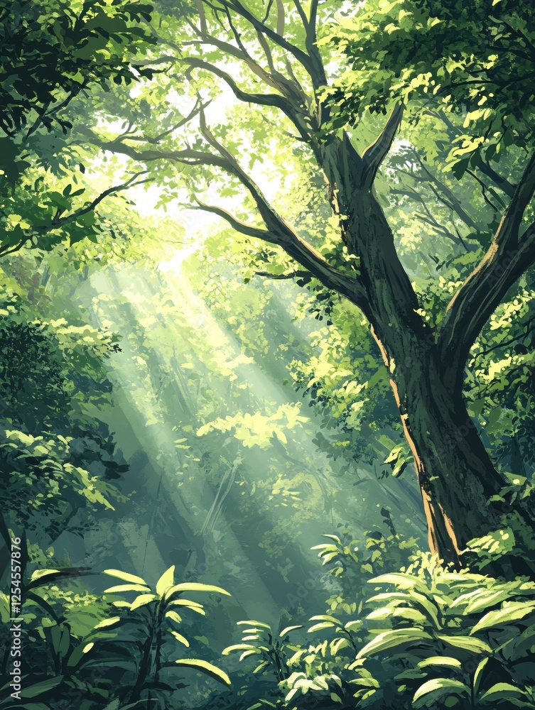Aufkleber sunlight filtering through a dense green forest canopy creating a peaceful and serene atmosphere