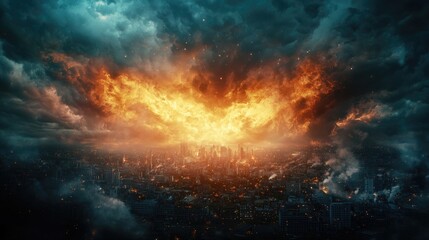 Naklejka premium City on Fire, Fiery Wings, Dramatic Sky, Apocalypse. Use Stock photo, book cover, movie poster