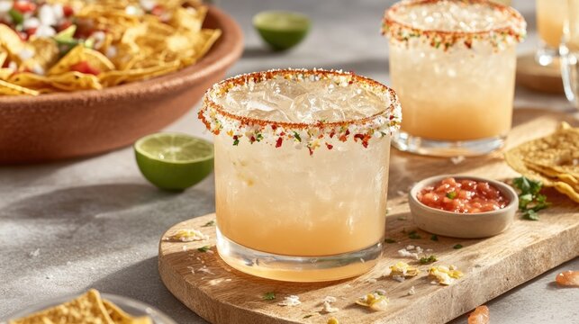 Refreshing cocktails with garnished rims, garnished with lime, s
