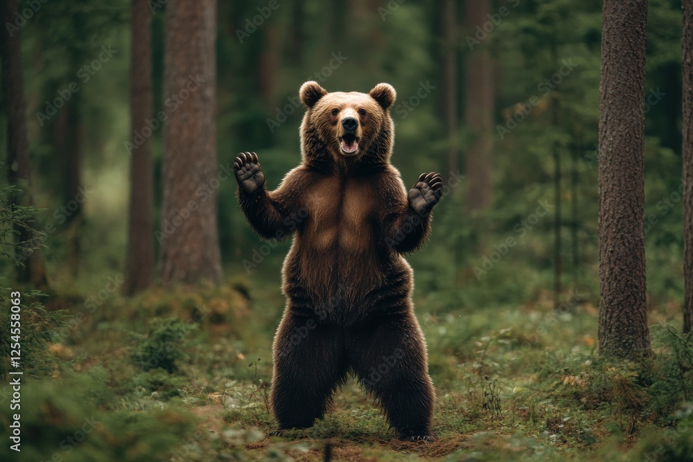 Aufkleber large brown bear standing in a forest, displaying a defensive posture in the presence of trees and f