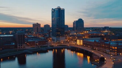 Obraz premium Grand Rapids Skyline at Dusk: A Breathtaking Aerial View of Urban Beauty