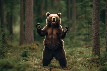 Large brown bear standing in a forest, displaying a defensive posture in the presence of trees and foliage. Generative AI