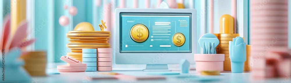 Poster a colorful digital workspace featuring a computer screen displaying cryptocurrency and surrounded by