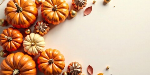 Fototapeta premium Autumnal Harvest Abundance Decorative Gourds and Golden Accents on a Neutral Background