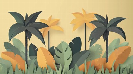 Whimsical Tropical Palm and Leaf Illustration: Vibrant Colors and Lush Plant Life for Creative Design and Decoration Projects