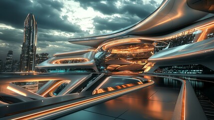 Futuristic Architecture with Sleek Design and Urban Skyline Background