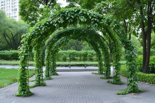 Elegant garden archway covered entirely with lush green climbing plants, set amidst park environment. Captures simplicity and natural beauty, creating a tranquil and inviting outdoor space.