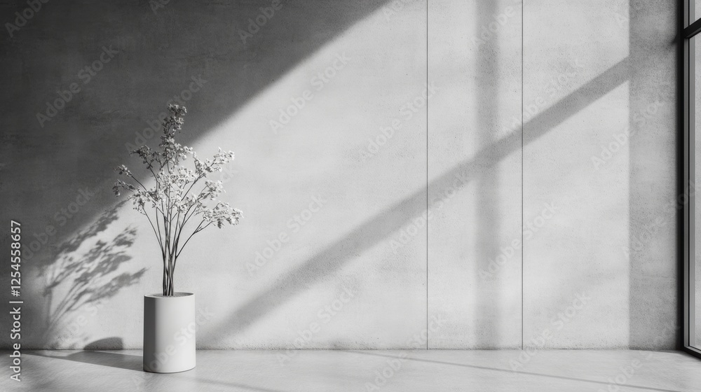 Poster Minimalist concrete environment featuring a solitary plant in a modern setting illuminated by soft natural light. Generative AI